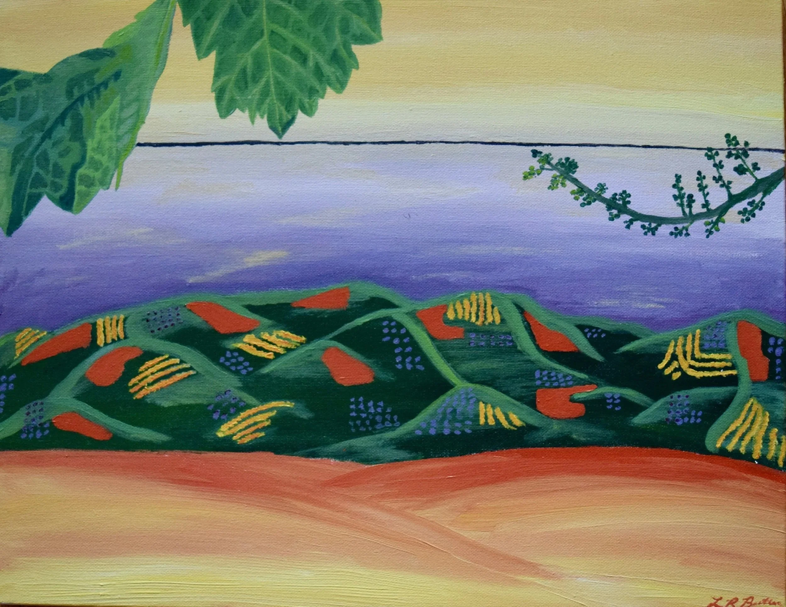 Italian countryside rendition. A colorful painting of a landscape featuring a green hillside with patches of orange, yellow, and purple, with a blue sky and green leaves hanging from the top.