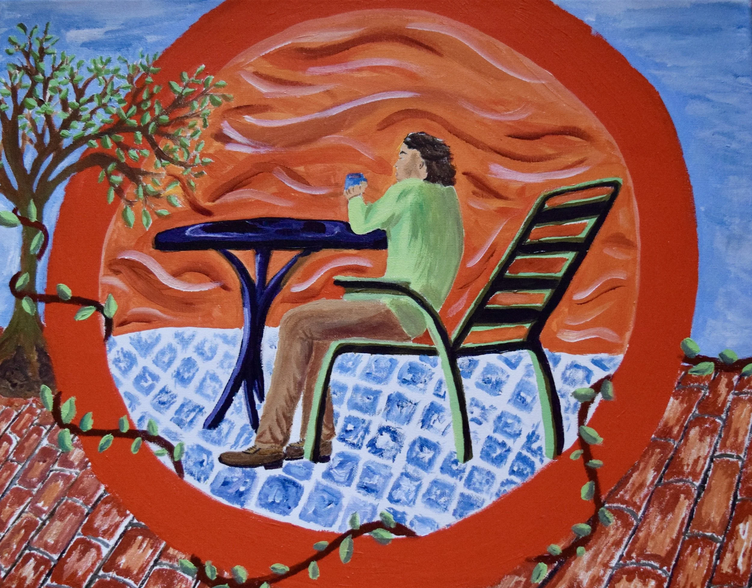 A painting of a person sitting at an outdoor table drinking a beverage, with a large orange sun or moon in the background, surrounded by a tree and vines, and a brick roof in the foreground.