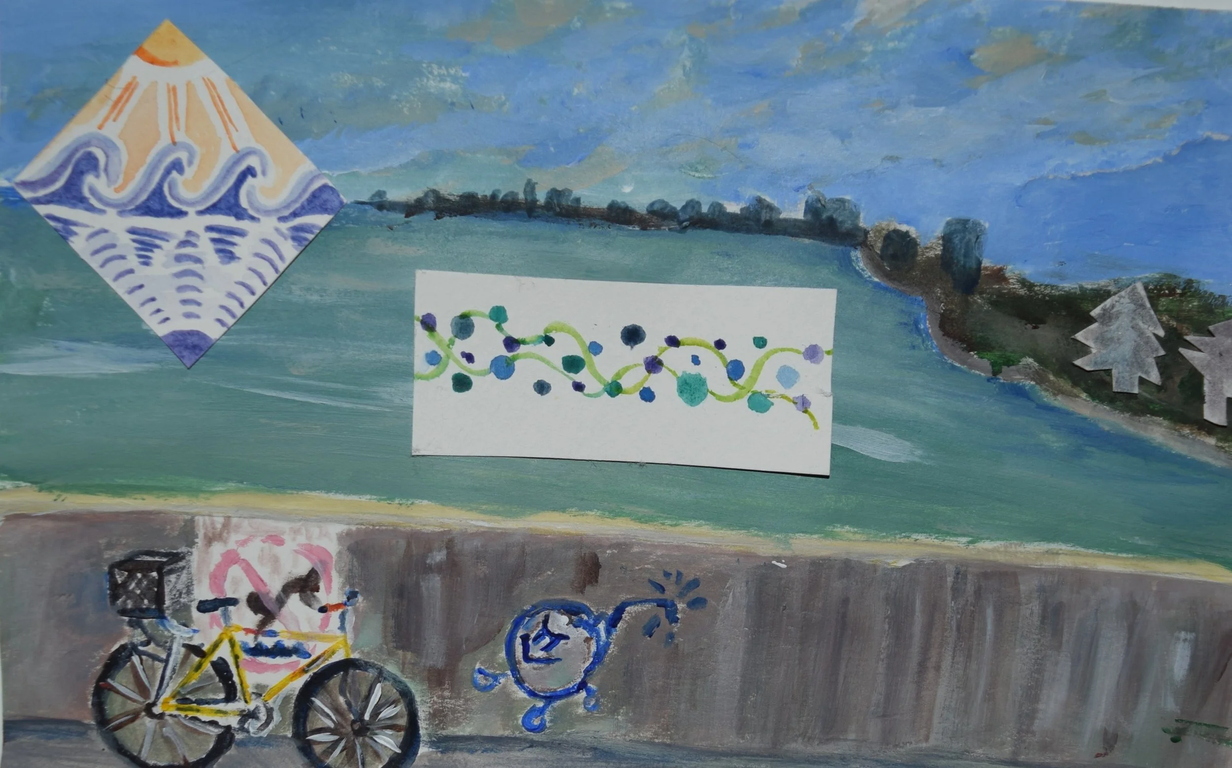 A landscape painting with a sky, trees, and water, decorated with collage elements including a sun, waves, and abstract designs, featuring a drawing of a bicycle and a smiling face.