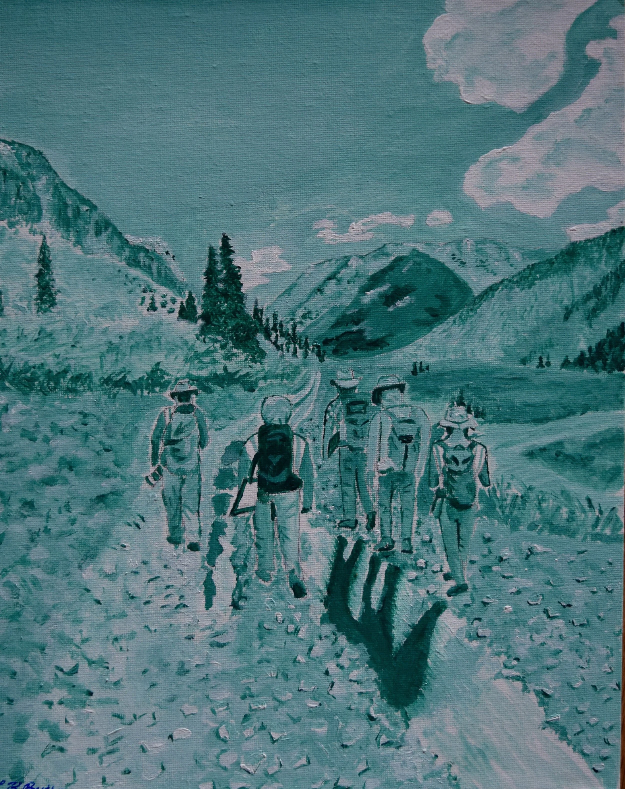 A painted landscape of five hikers walking on a dirt trail through mountains, trees, and clouds in the distance.