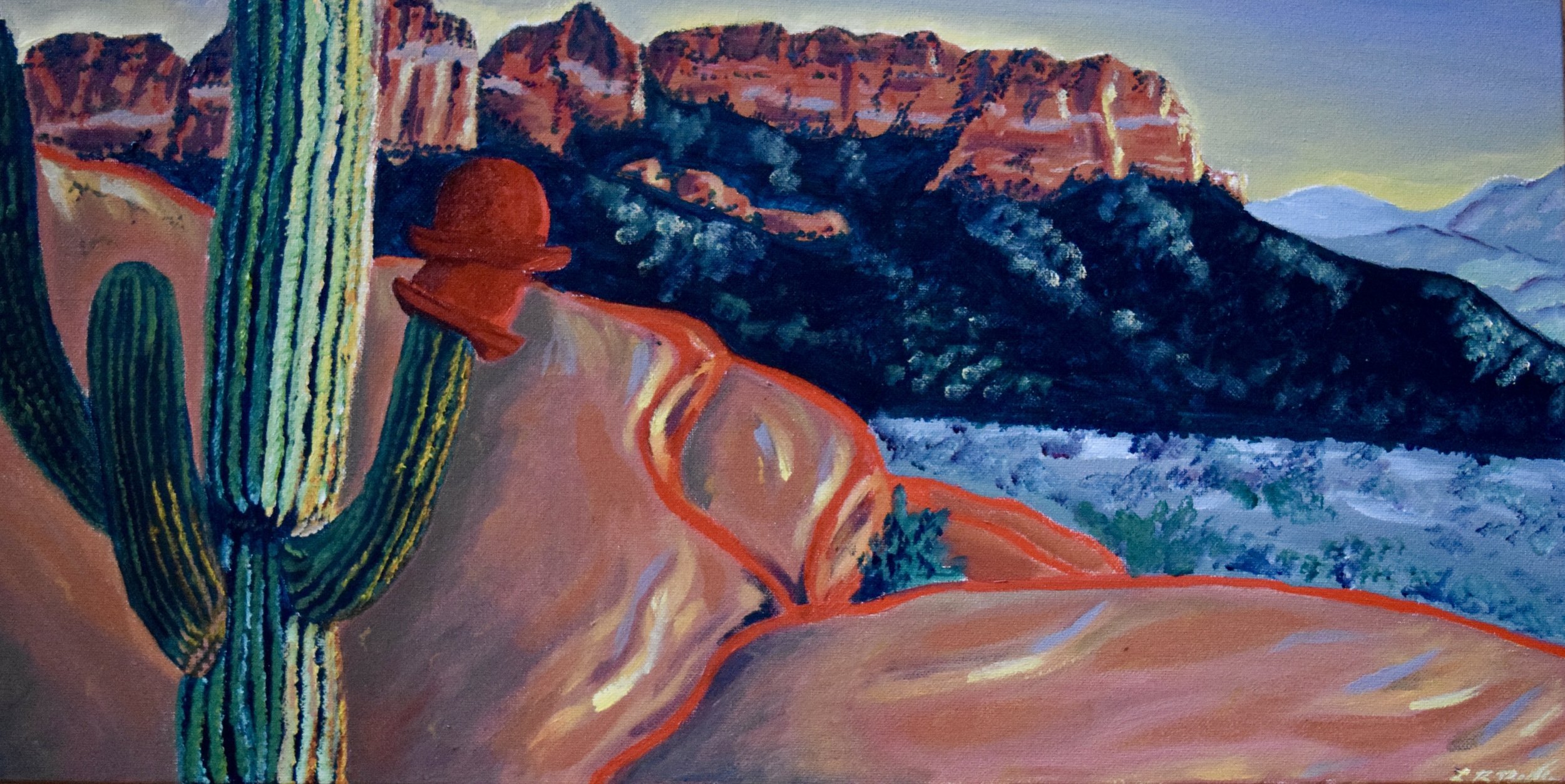 A cactus with hats. A desert landscape painting featuring a large green cactus with a red-brown hat on top, rocky sandy terrain, a winding dirt path, dark mountain range, and distant hills under a colorful sky.