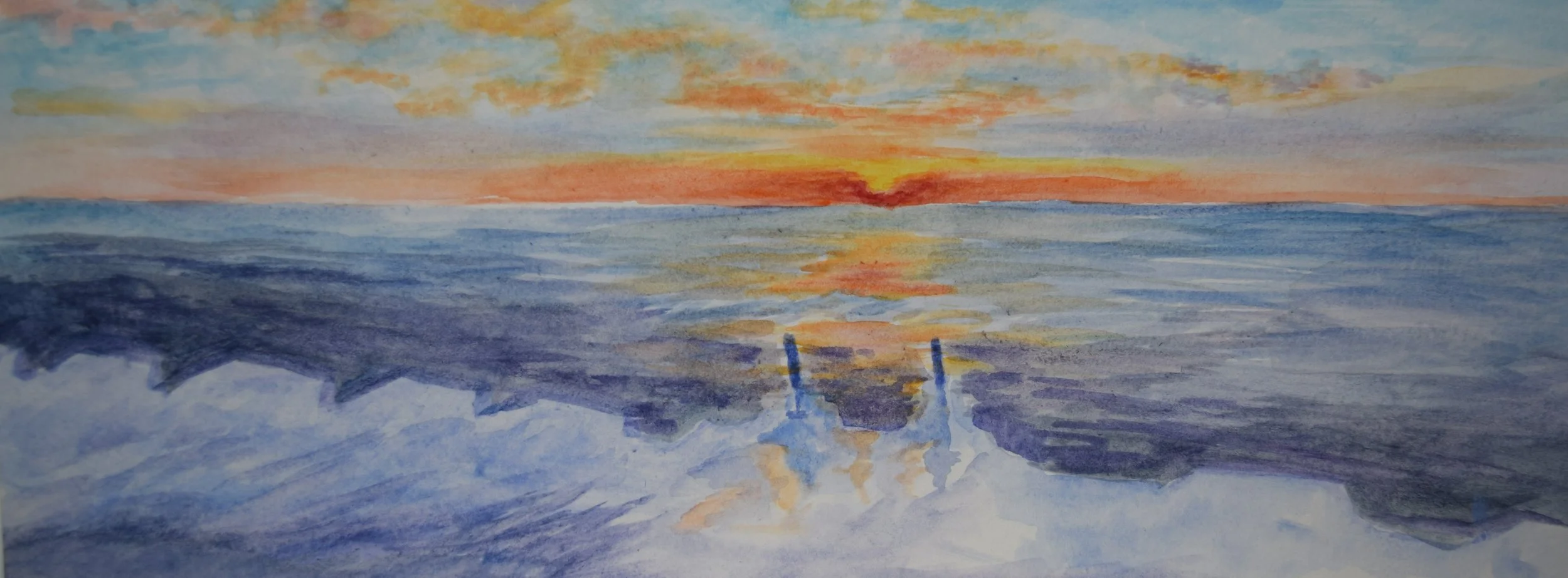 Watercolor painting of a sunset over the Lake Michigan with reflections on the ice and a partly cloudy sky.
