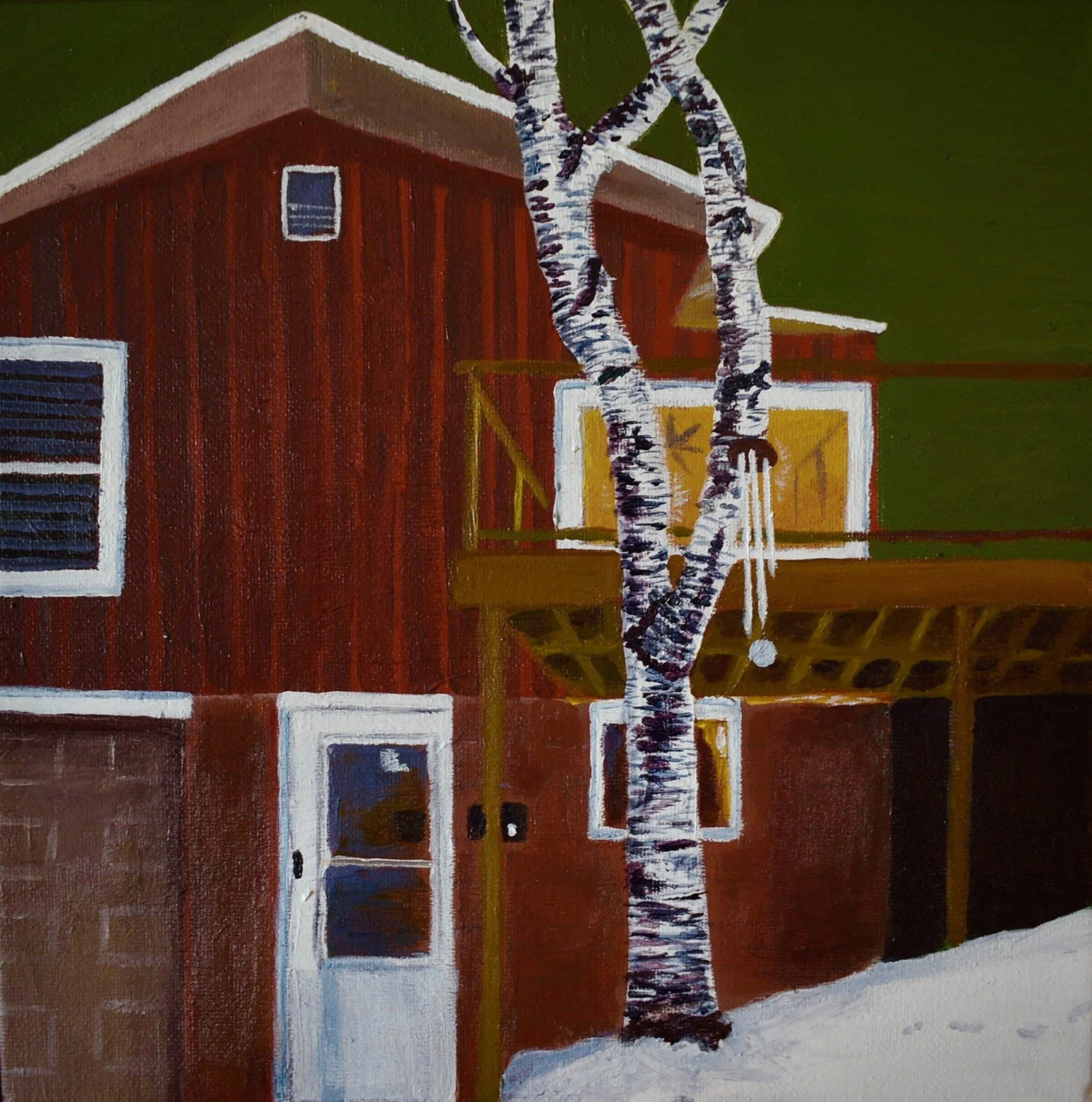 Painting of a red house with white-trimmed windows, a white door, a wooden balcony, and a white birch tree in front, against a green background.