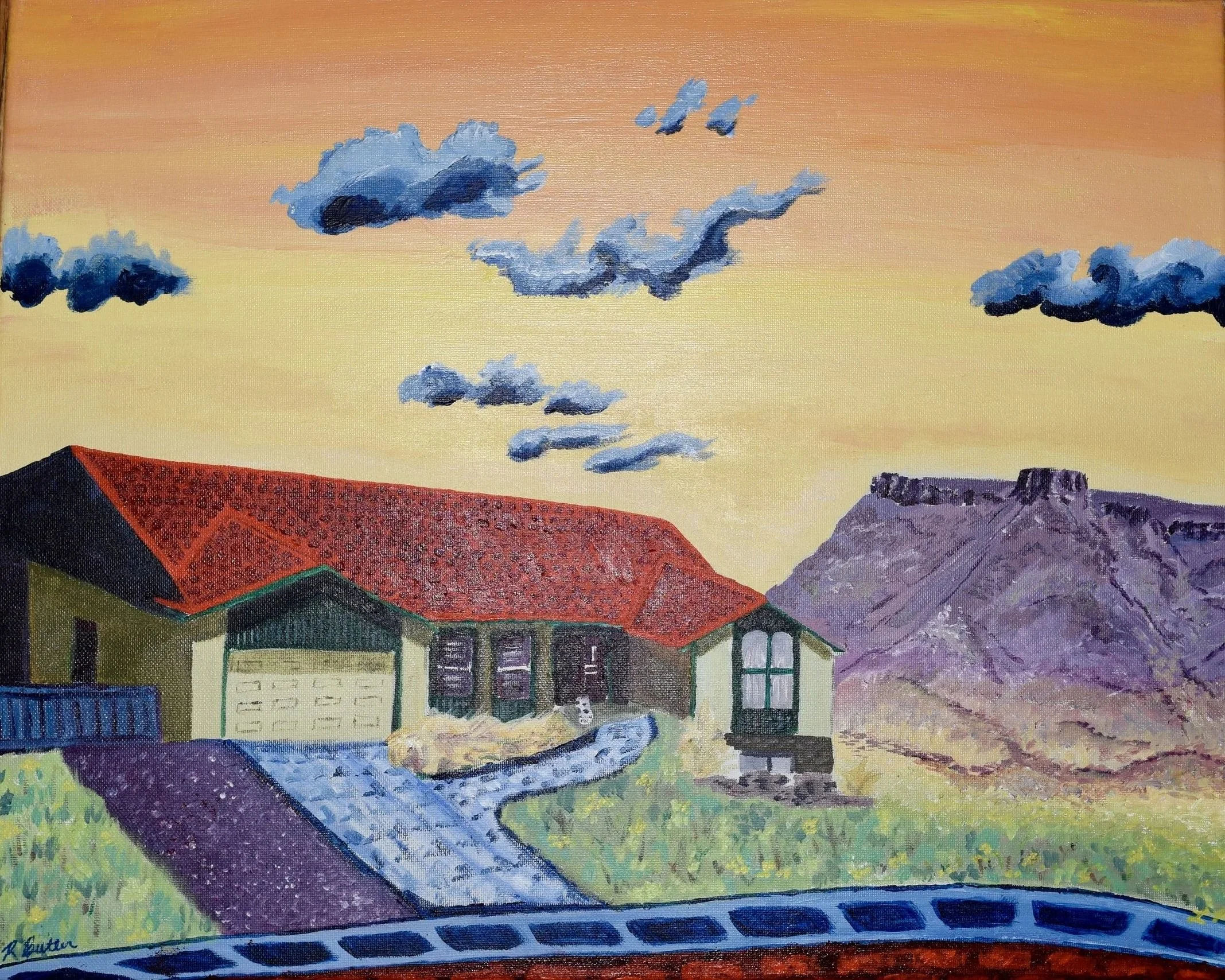 A painting of a house with a red roof, a driveway, and mountains in the background during sunset or sunrise with clouds in the sky, in Golden, Colorado.