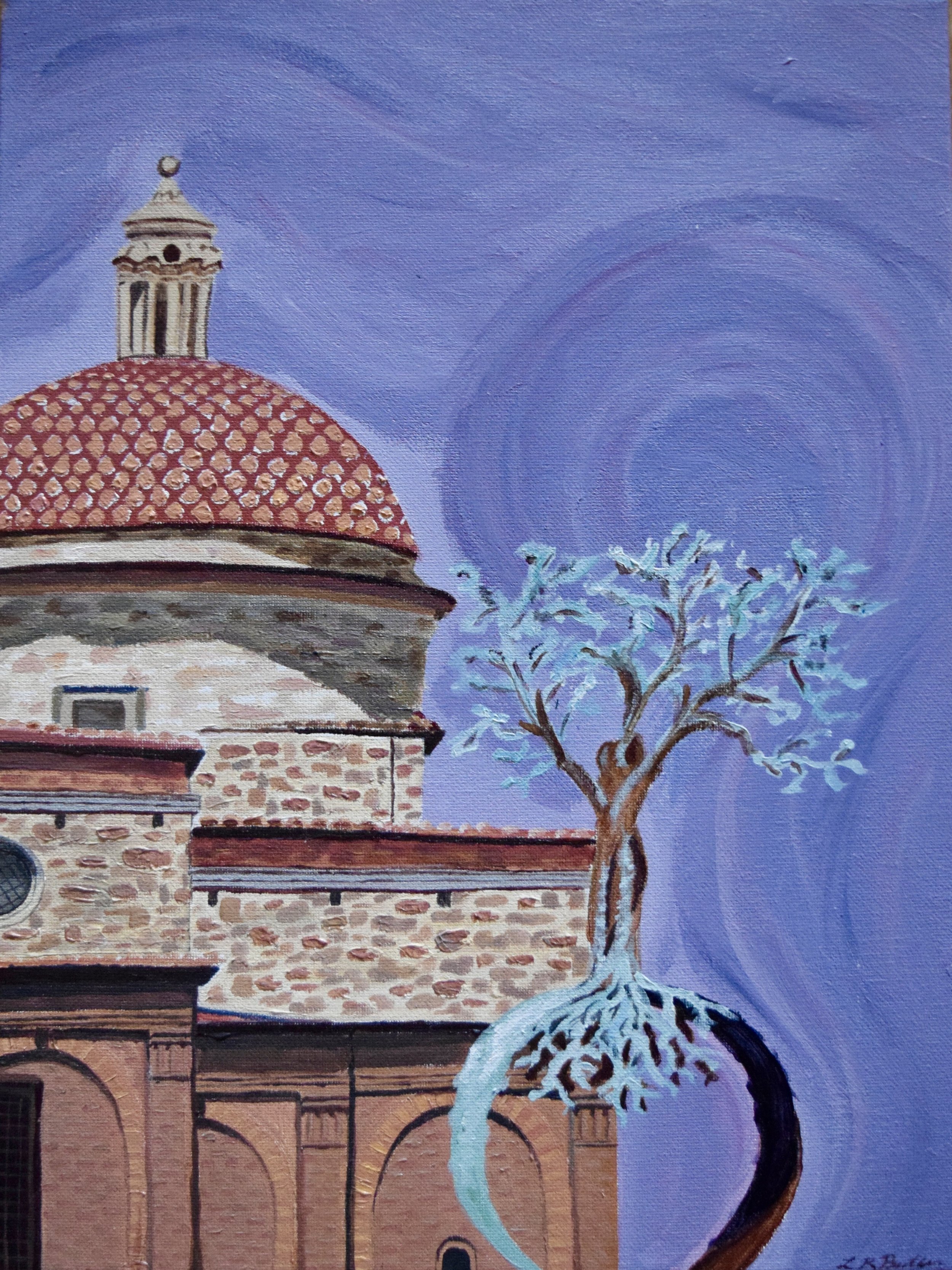 Painting of a church with a red-tiled dome and a leafless tree against a blue sky with swirling patterns.