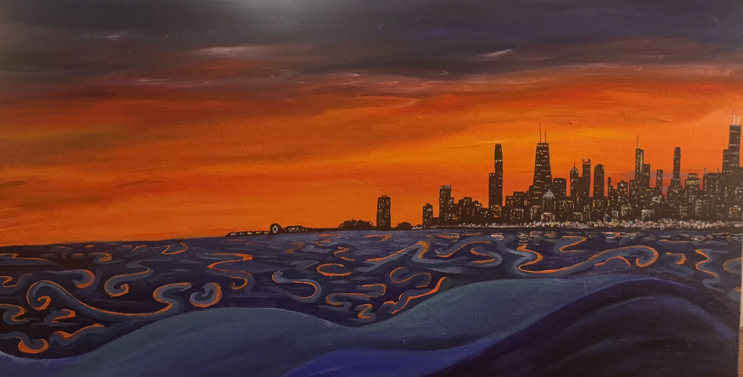 A painting depicting a city skyline at sunset with hills in the foreground and an orange sky with streaks of dark clouds.