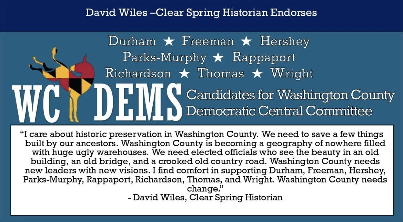 A political campaign poster for Washington County Democrats featuring a quote by David Wiles, a historic preservation advocate, endorsing candidates Duke Durham, Freeman, Hershey, Parks-Murphy, Rappaport, Richardson, Thomas, and Wright.