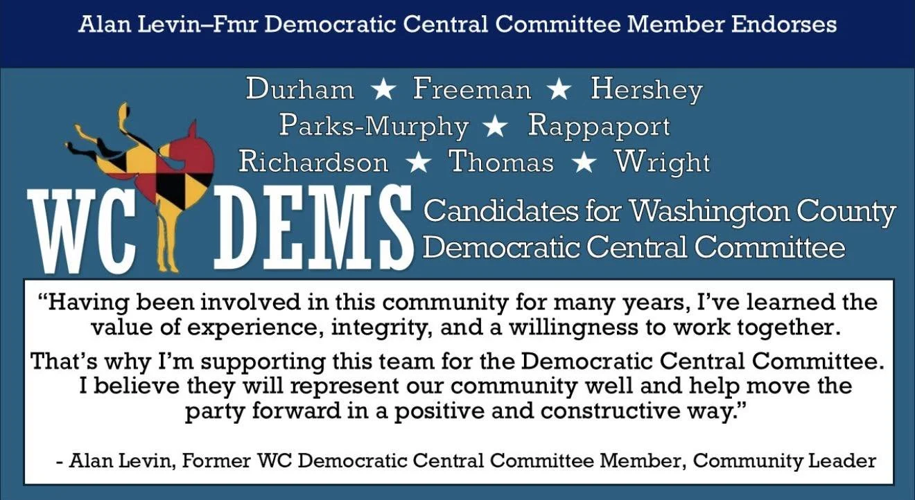 Political endorsement graphic showing support for the Democratic Central Committee candidates in Washington County, with a quote from former member Alan Levin and a colorful Maryland-themed donkey logo.
