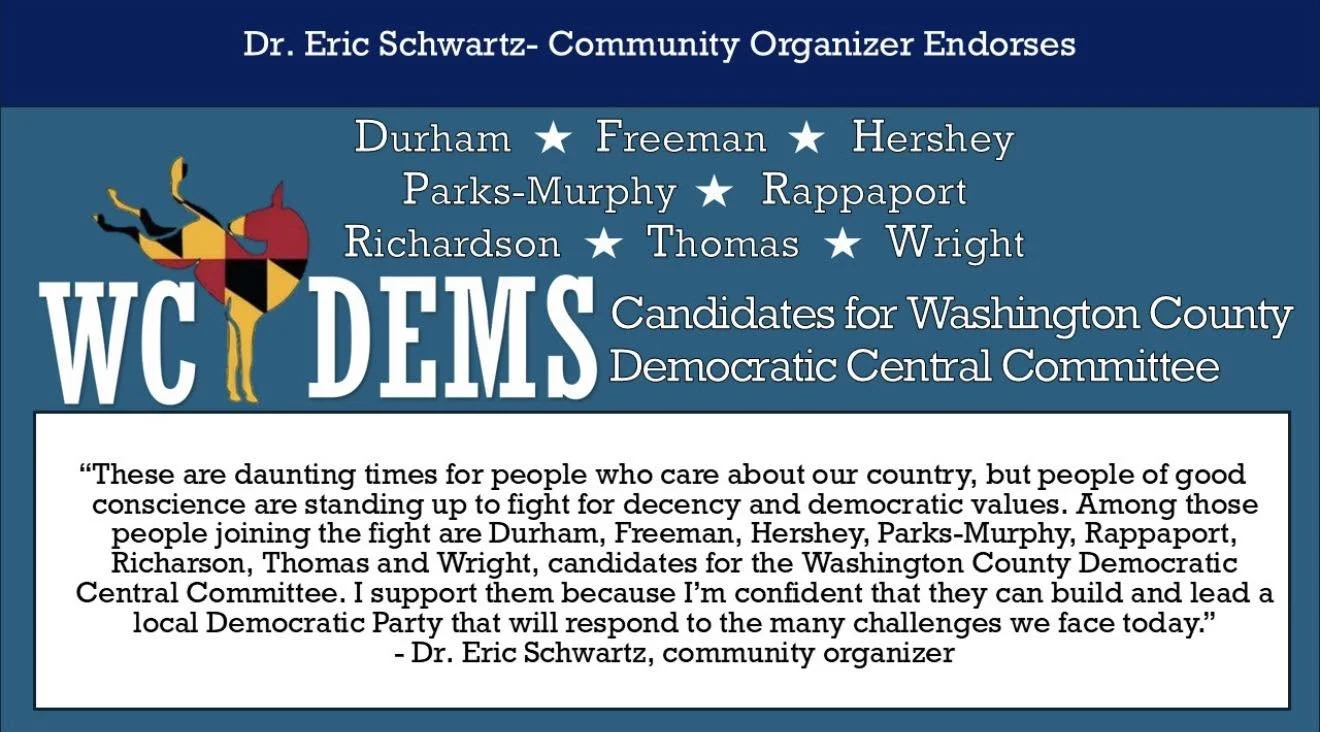 A political endorsement poster for Washington County Democratic candidates featuring a donkey logo, the names of endorsed candidates, and a quote from Dr. Eric Schwartz supporting the candidates.