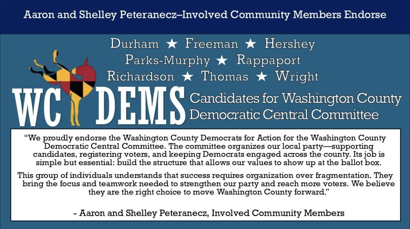 A digital endorsement sign showing support from Aaron and Shelley Petanecz and various Washington County Democrats, featuring a stylized map of Washington County with the Maryland flag pattern and a person diving into a pool. The sign emphasizes building the structure for Democratic participation and unity.