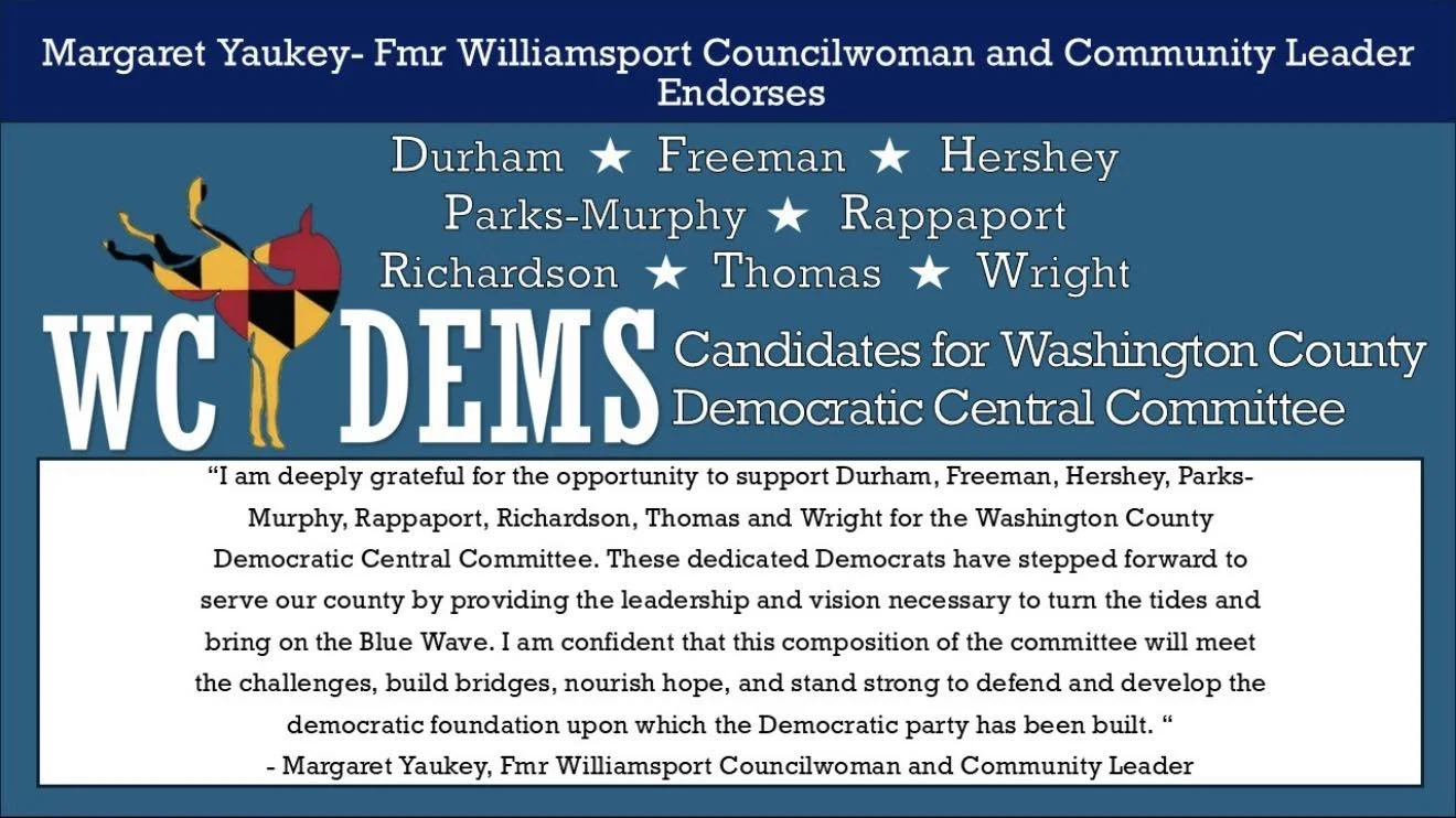 A political endorsement graphic for Washington County Democratic candidates, featuring text, a donkey logo, and a quote from Margaret Yaukey.