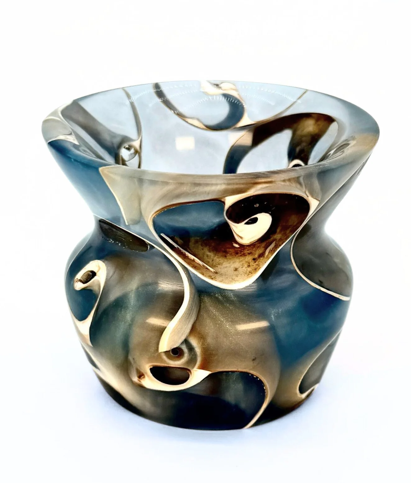 	
Handturned epoxy sculpture with real seashells encased in swirling blue resin.