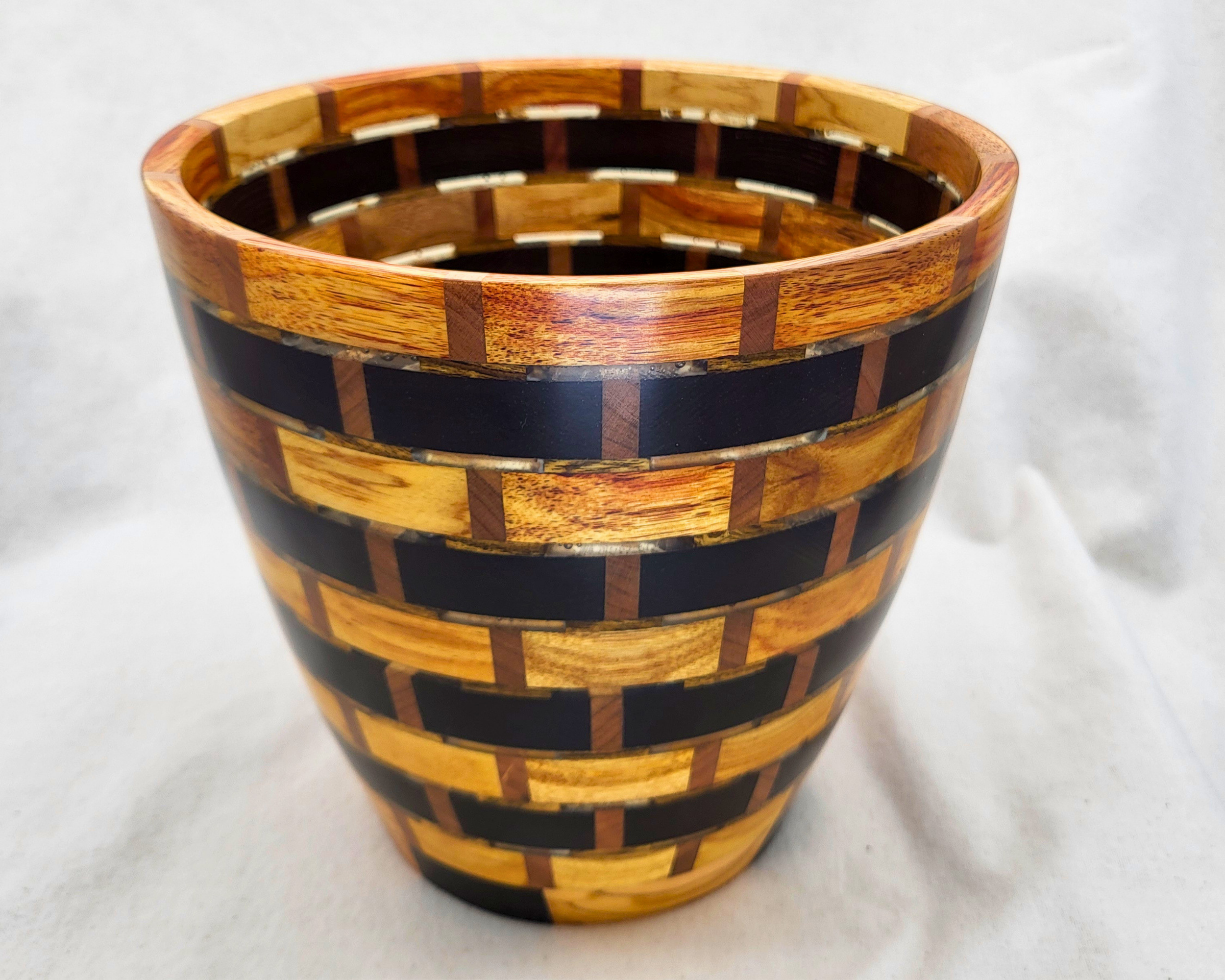 Canarywood, Thermal Ash, Cherry & Bocote Segmented Vessel with Resin-Filled Openings