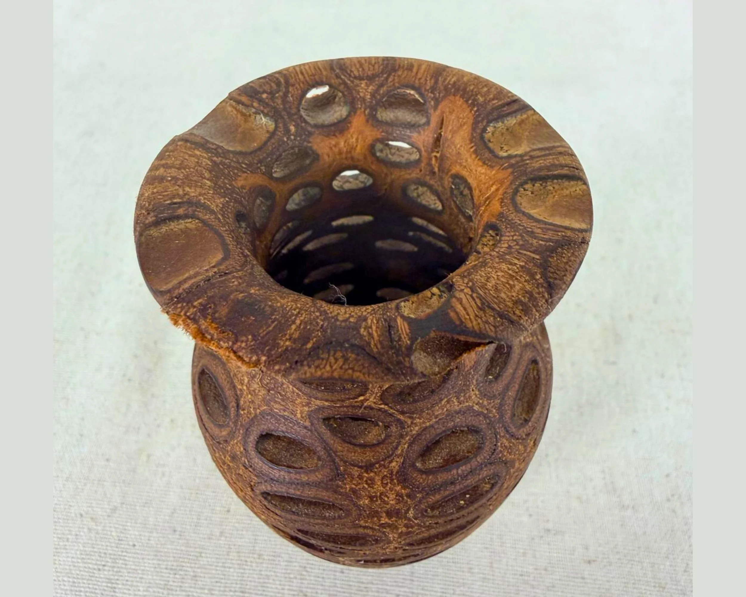 Top view into banksia nut vase opening, showing interior piercing and natural patterning.