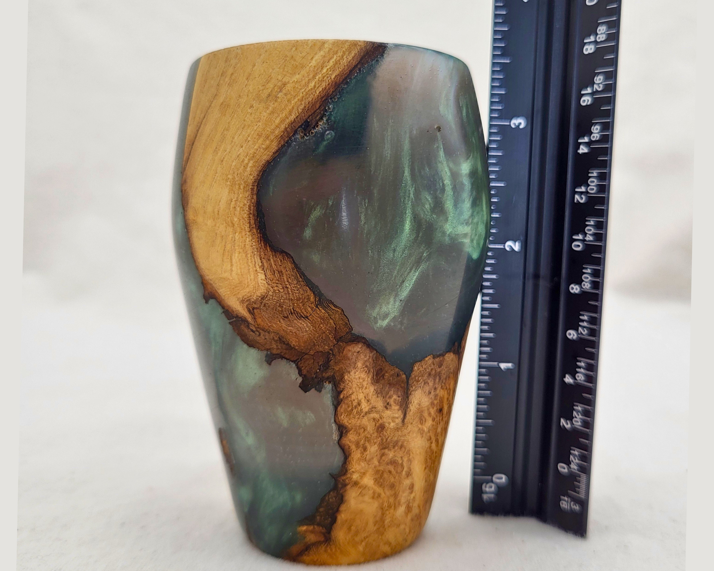 Hand-turned maple root and green epoxy vessel shown beside a ruler for scale, measuring 3.75 inches tall and 2.25 inches wide with a 2-inch opening, by Treverk Woodturning. Small wood resin sculpture, turned wood vessel, one of a kind art object.