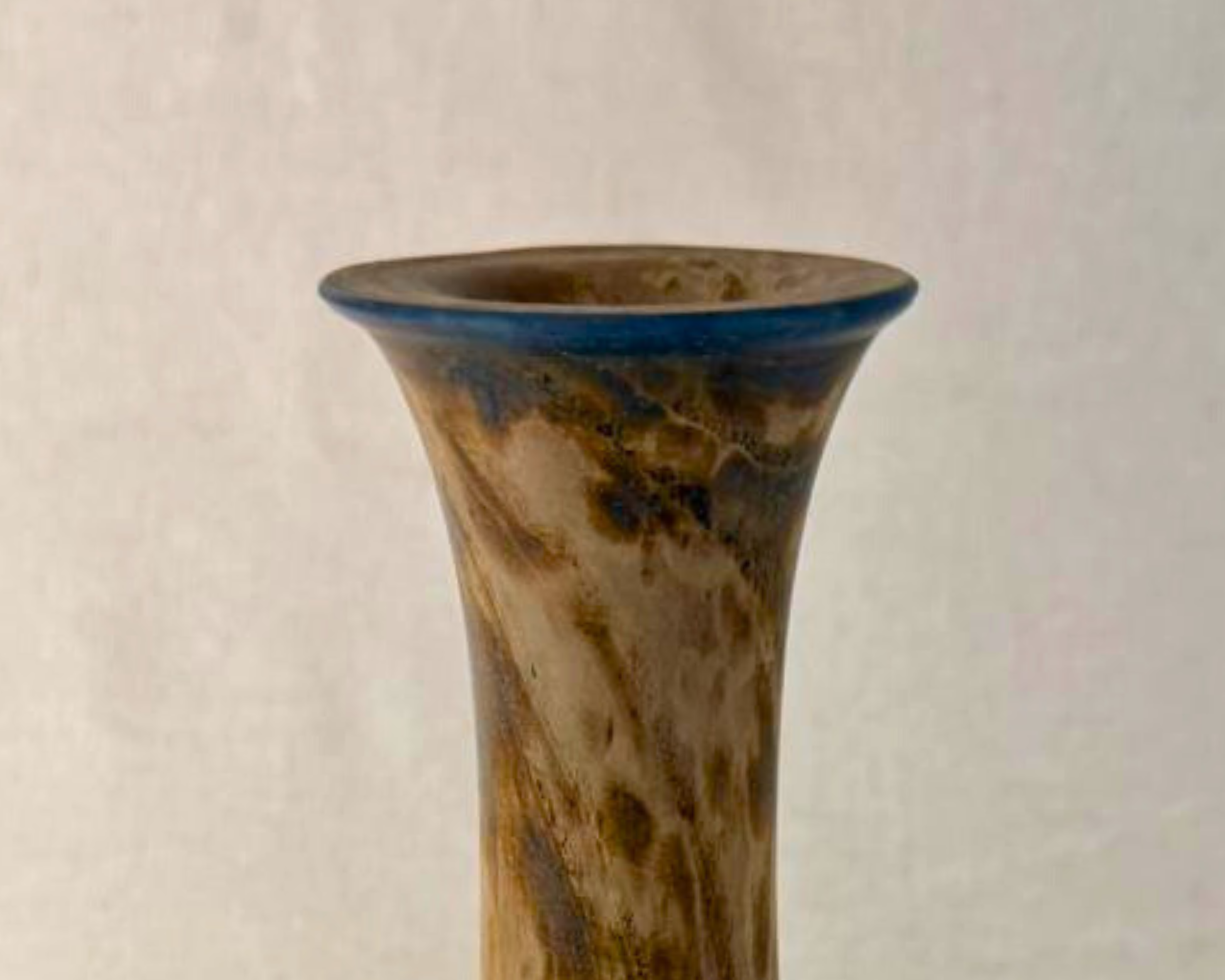 Close-up of vase rim showing subtle blue epoxy band and reclaimed maple grain near the opening.