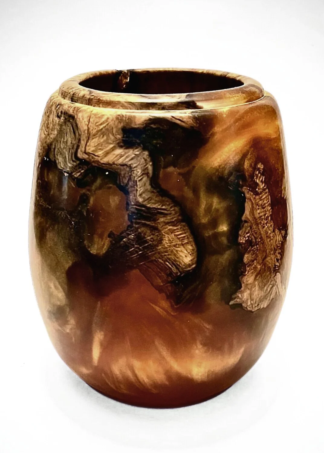 A handcrafted wood and epoxy vase with a polished finish and natural wood grain patterns.