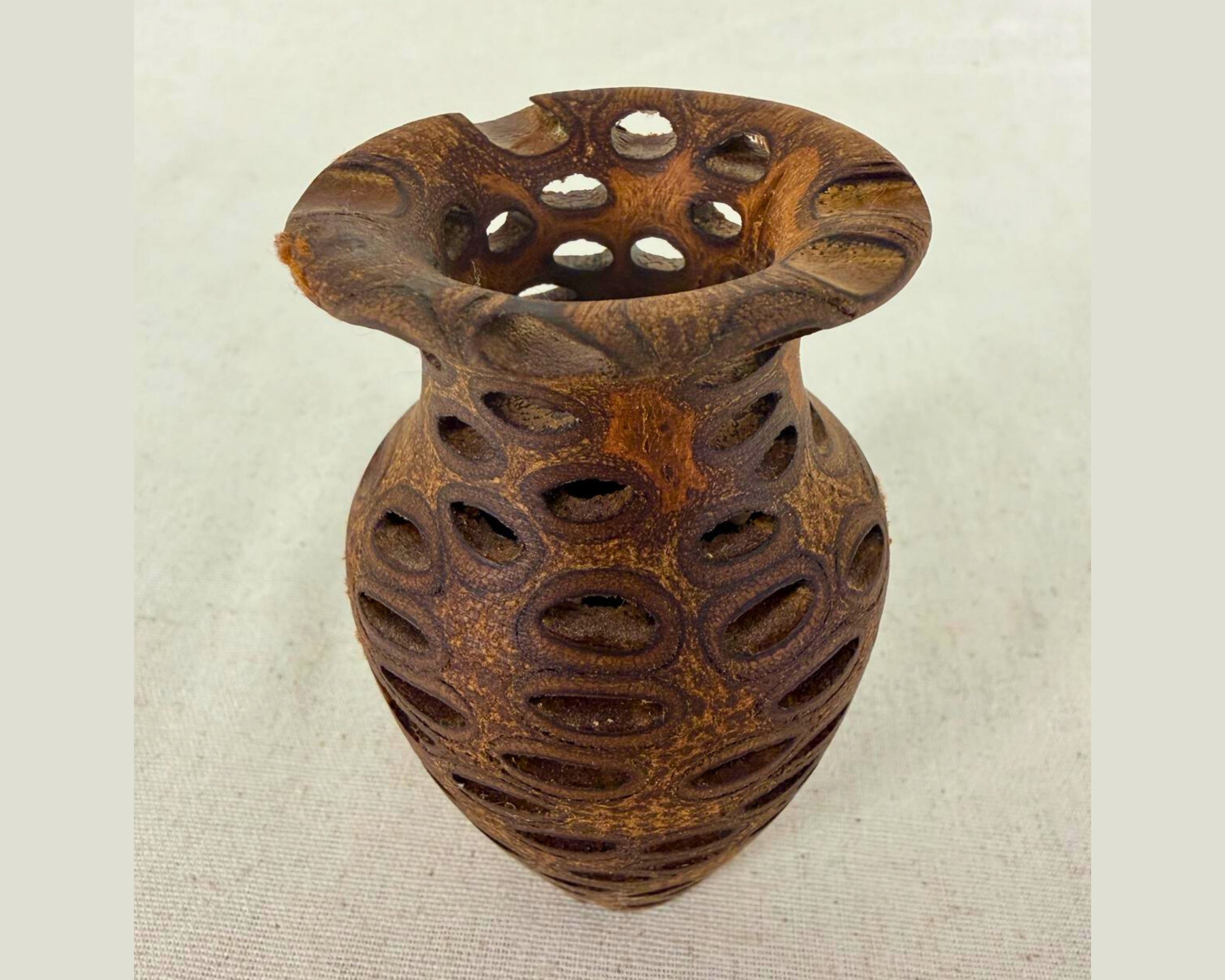 Banksia nut vase shown upright, highlighting the pierced pattern and sculptural silhouette.