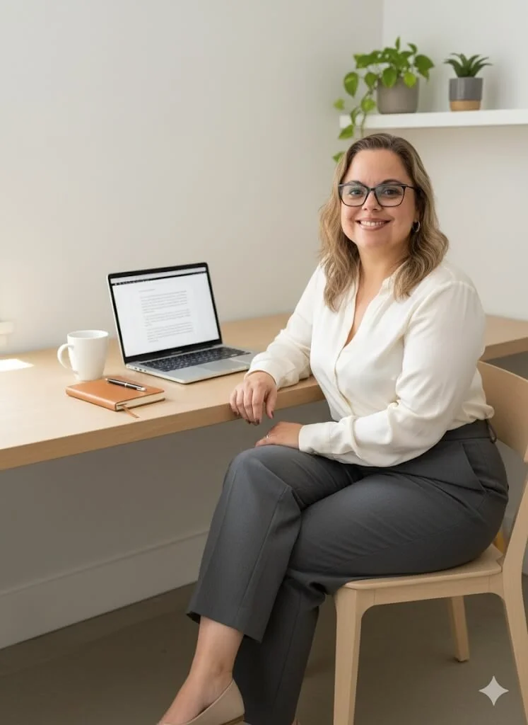 A woman with glasses and shoulder-length hair sitting at a desk with a laptop, a notebook, a pen, and a coffee mug; white walls with a floating shelf holding potted plants.