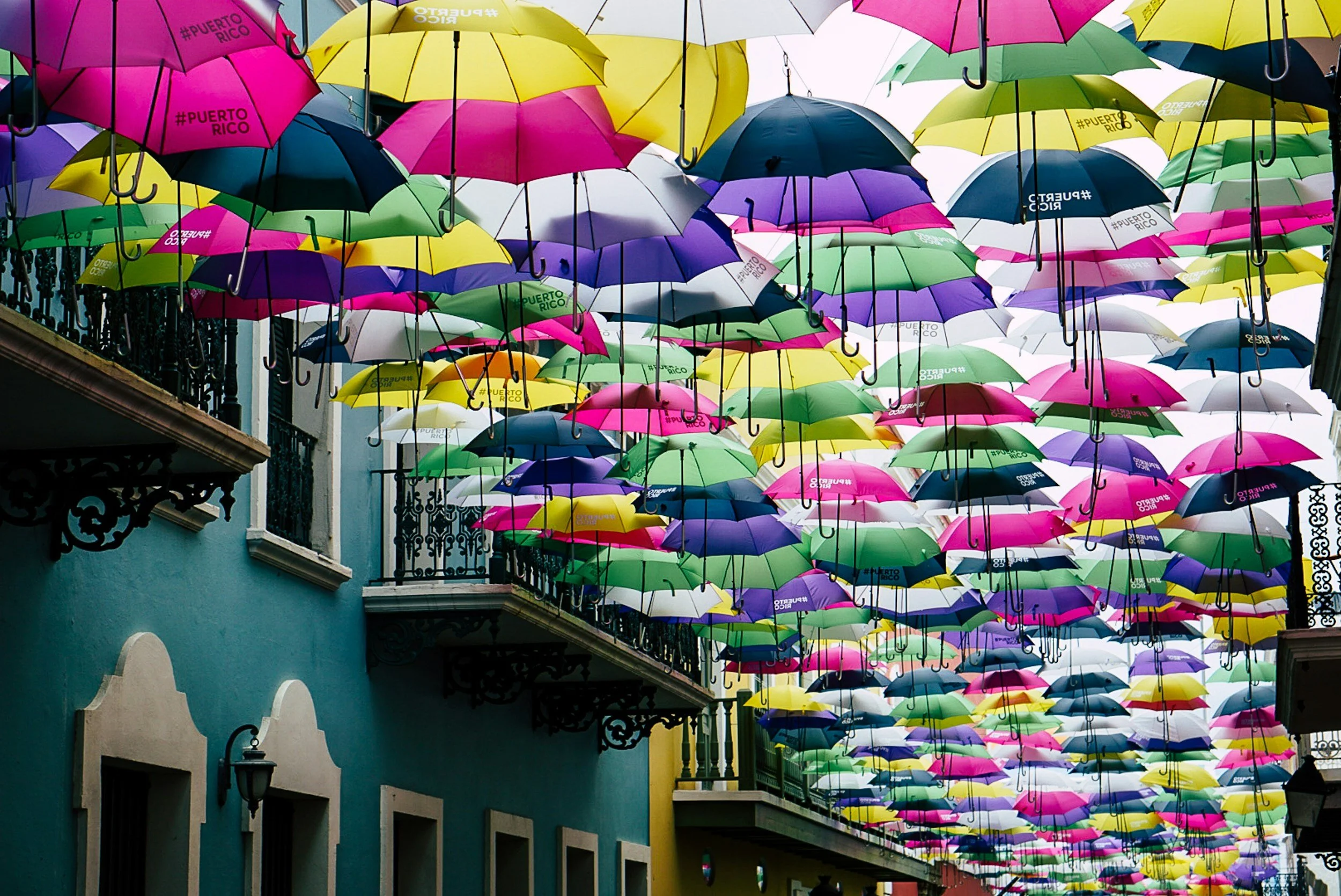 A street in Puerto Rico full of colored umbrellas