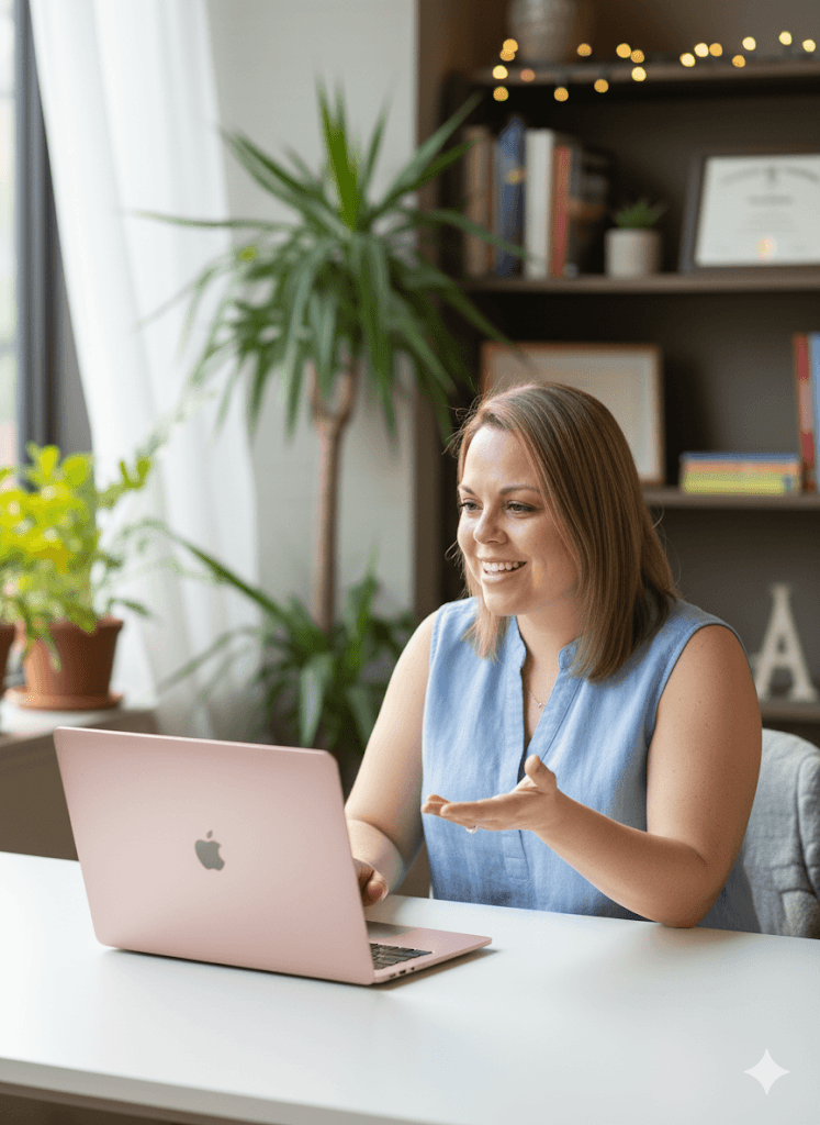 A woman with shoulder-length brown hair sitting at a white desk with a pink MacBook. She's smiling and gesturing with her right hand. Behind her are green plants and a dark bookshelf with books, decor, and a framed certificate. Window light illuminates the scene.