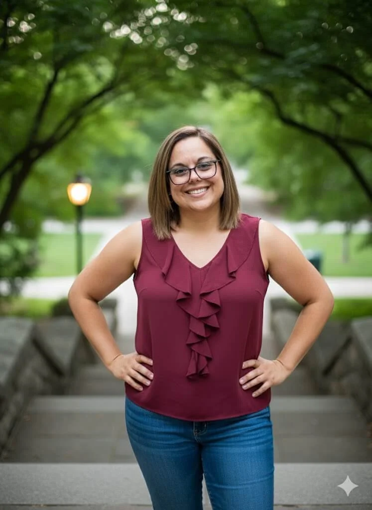 Woman smiling and standing with hands on hips outdoors on a park pathway, green trees overhead, blurred background, wearing glasses, a sleeveless maroon top, and blue jeans.