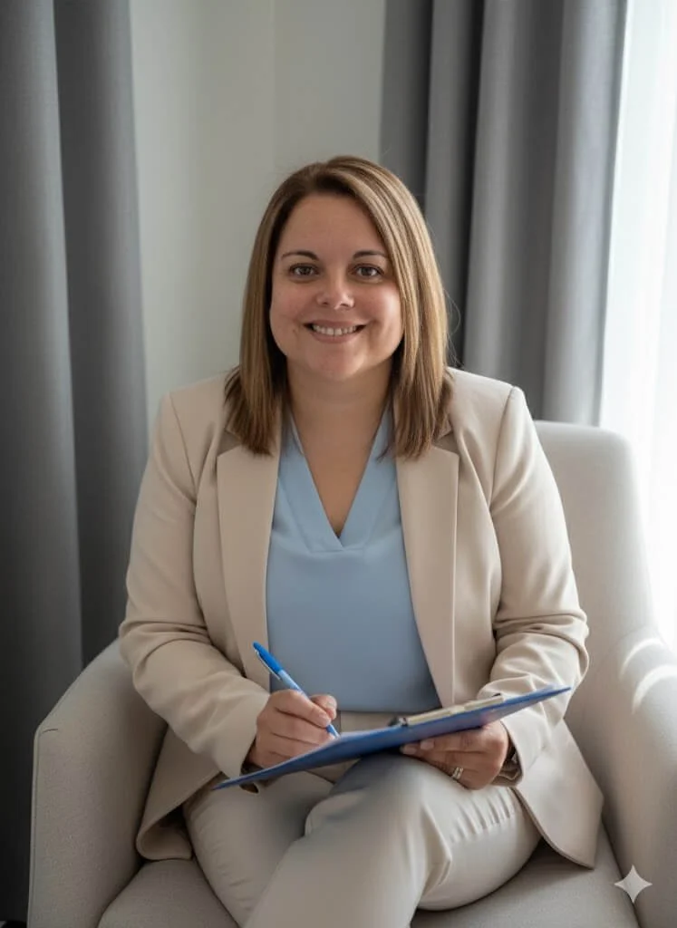 A woman with shoulder-length brown hair, wearing a beige blazer and light blue blouse, sitting on a cream-colored chair, holding a blue pen and clipboard, smiling, with gray curtains and a white wall in the background.