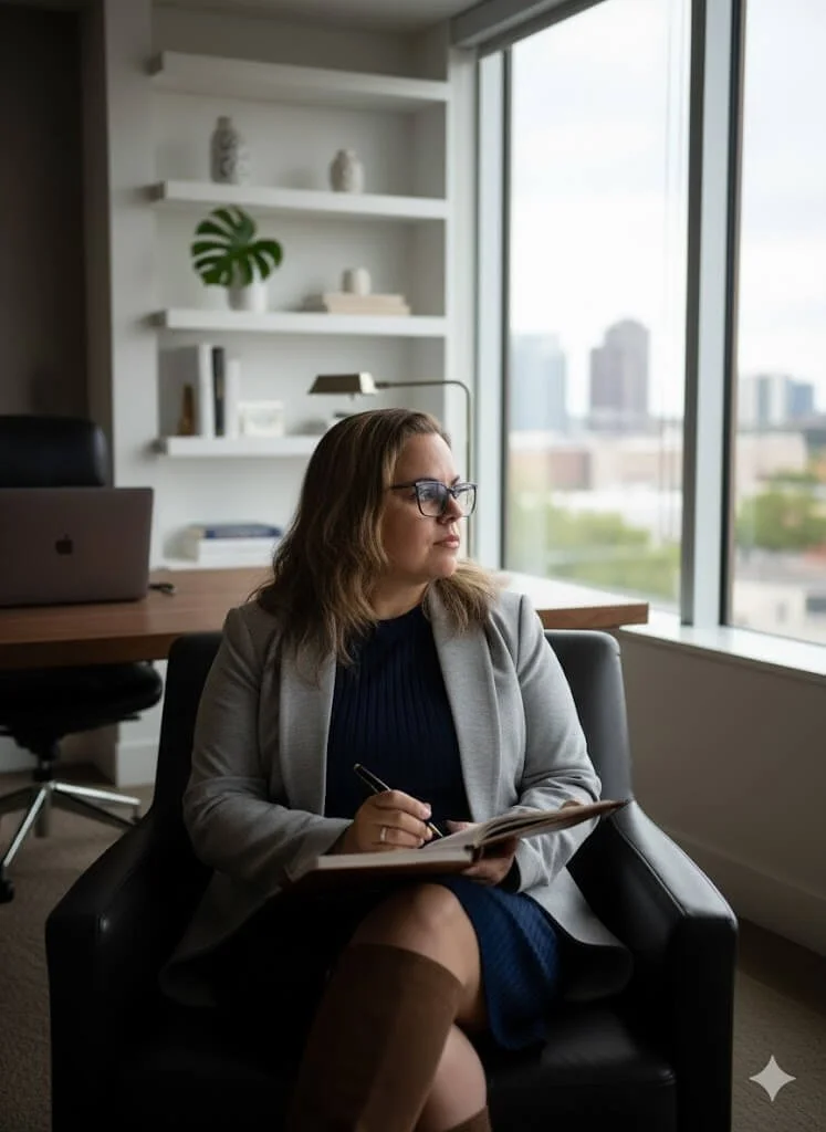 Woman sitting in armchair at office, writing in notebook, with large window showing city skyline in background.