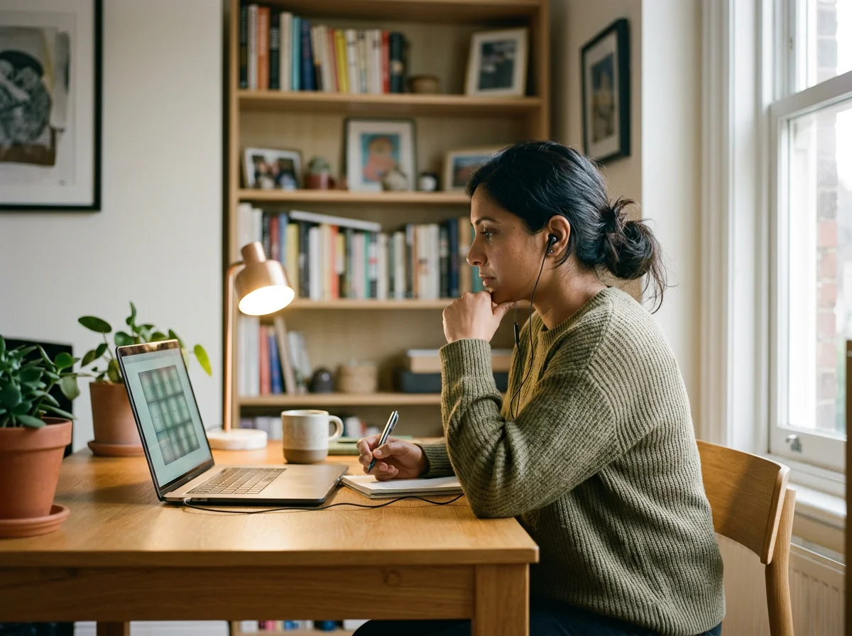 Woman wearing earbuds taking notes beside a laptop at a home office desk