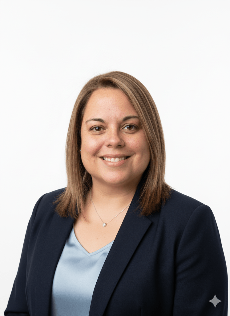 Professional woman with shoulder-length brown hair, wearing a navy blazer and a light blue blouse, smiling at the camera against a white background.