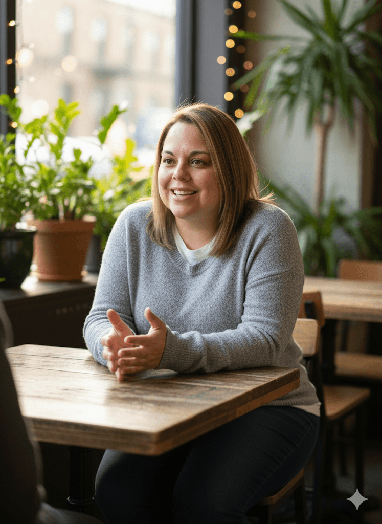 A woman sitting at a wooden table in a cozy cafe with plants and string lights in the background, smiling and engaging in conversation.