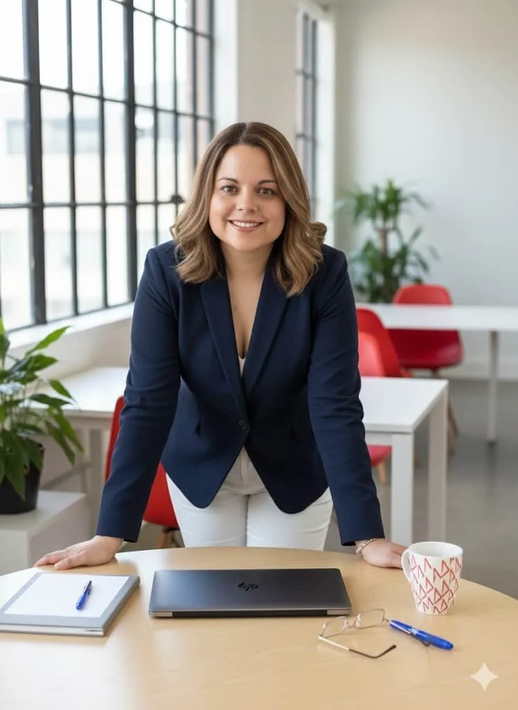 A woman in a navy blazer and white pants leaning on a desk in a modern office, smiling at the camera with a laptop, notebook, pen, and coffee mug on the desk, with red chairs and green plants in the background.