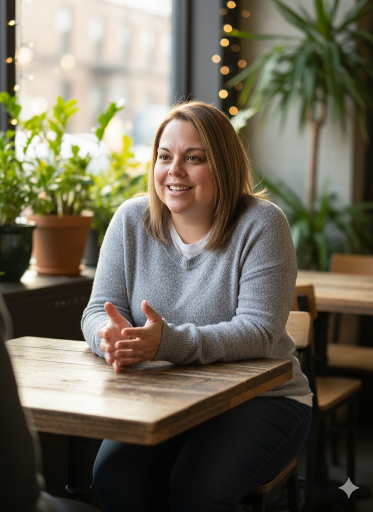 A woman with shoulder-length brown hair smiling and talking while sitting at a wooden table in a cozy, plant-filled indoor setting with fairy lights in the background.