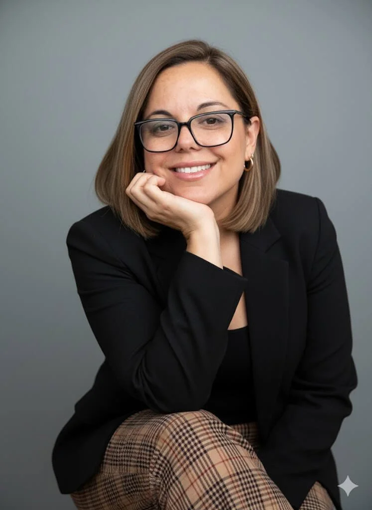 A woman with shoulder-length brown hair, glasses, and hoop earrings, wearing a black blazer, sitting and smiling at the camera, with her chin resting on her hand, against a plain gray background.