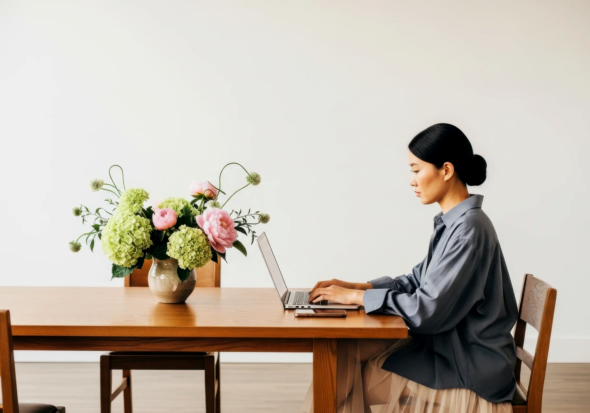 Woman working on wedding details in gray shirt sitting at a wooden table, working on a laptop, with a vase of pink and green flowers on the table.