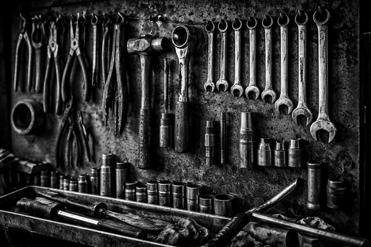 Black and white photo of a wrench and various hand tools hanging on a pegboard in a workshop.
