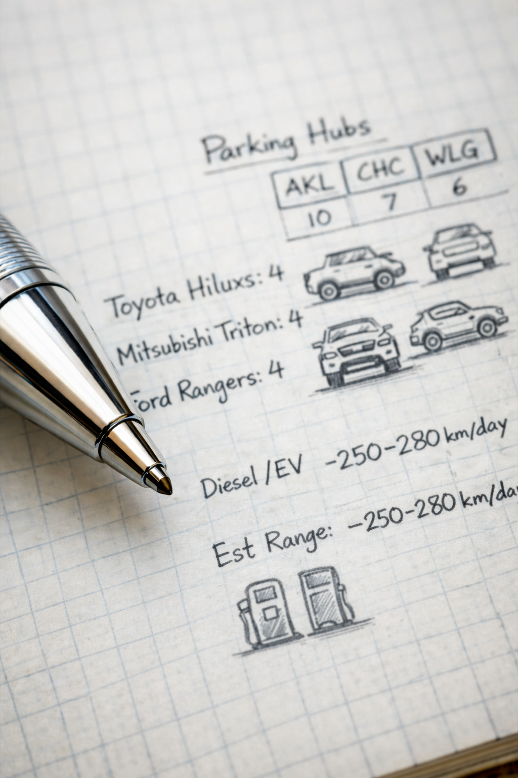 Handwritten notes on graph paper listing parking hubs, car models, and fuel ranges, with sketches of cars and fuel pumps, alongside a silver pen.