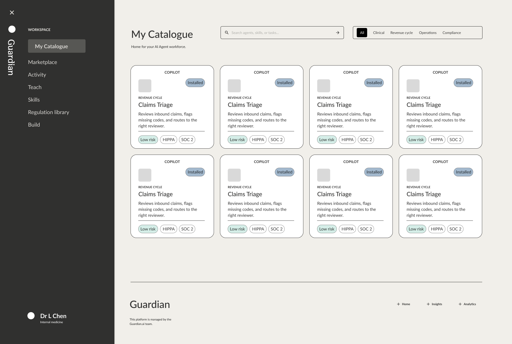Screenshot of a web application dashboard called Guardian, showing a catalog of claims triage modules with status labels, tags, and descriptions, along with navigation menu and search bar.