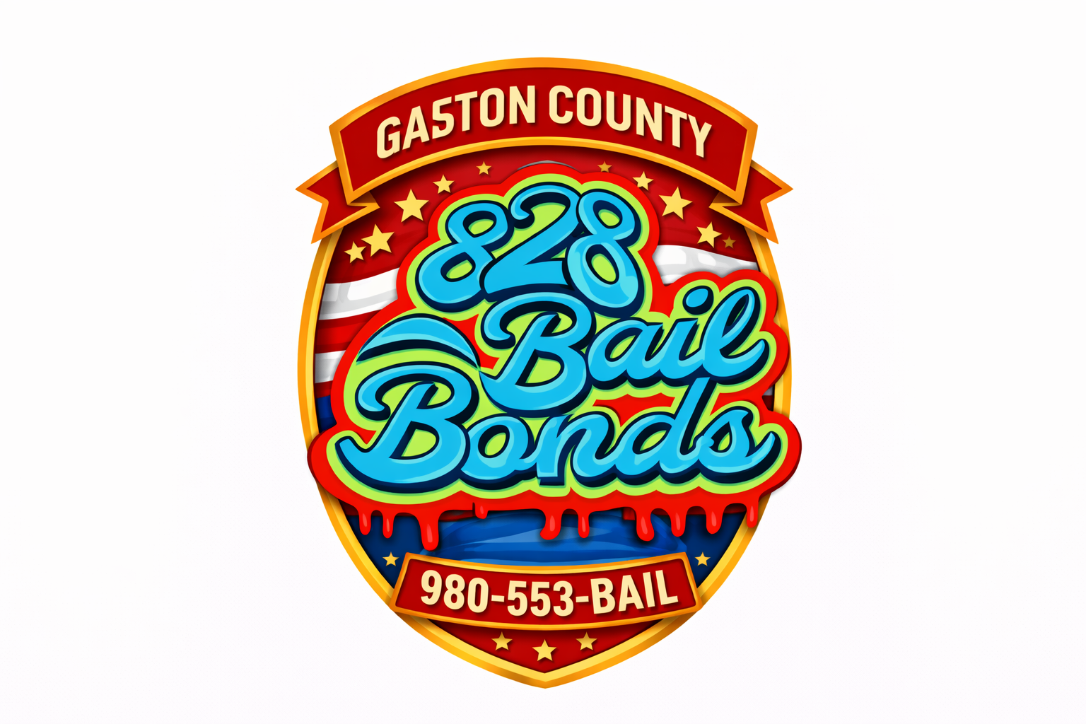 Badge design for Gaston County 828 Bail Bonds featuring a colorful shield with stars, red, white, and blue colors, and a phone number 980-553-BAIL.