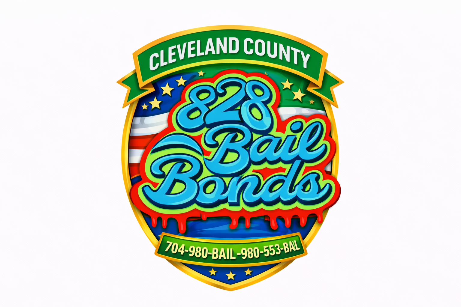 Colorful badge for Cleveland County Bail Bonds with phone numbers 704-980-BAIL and 980-553-BAIL, featuring patriotic and graffiti-style design.