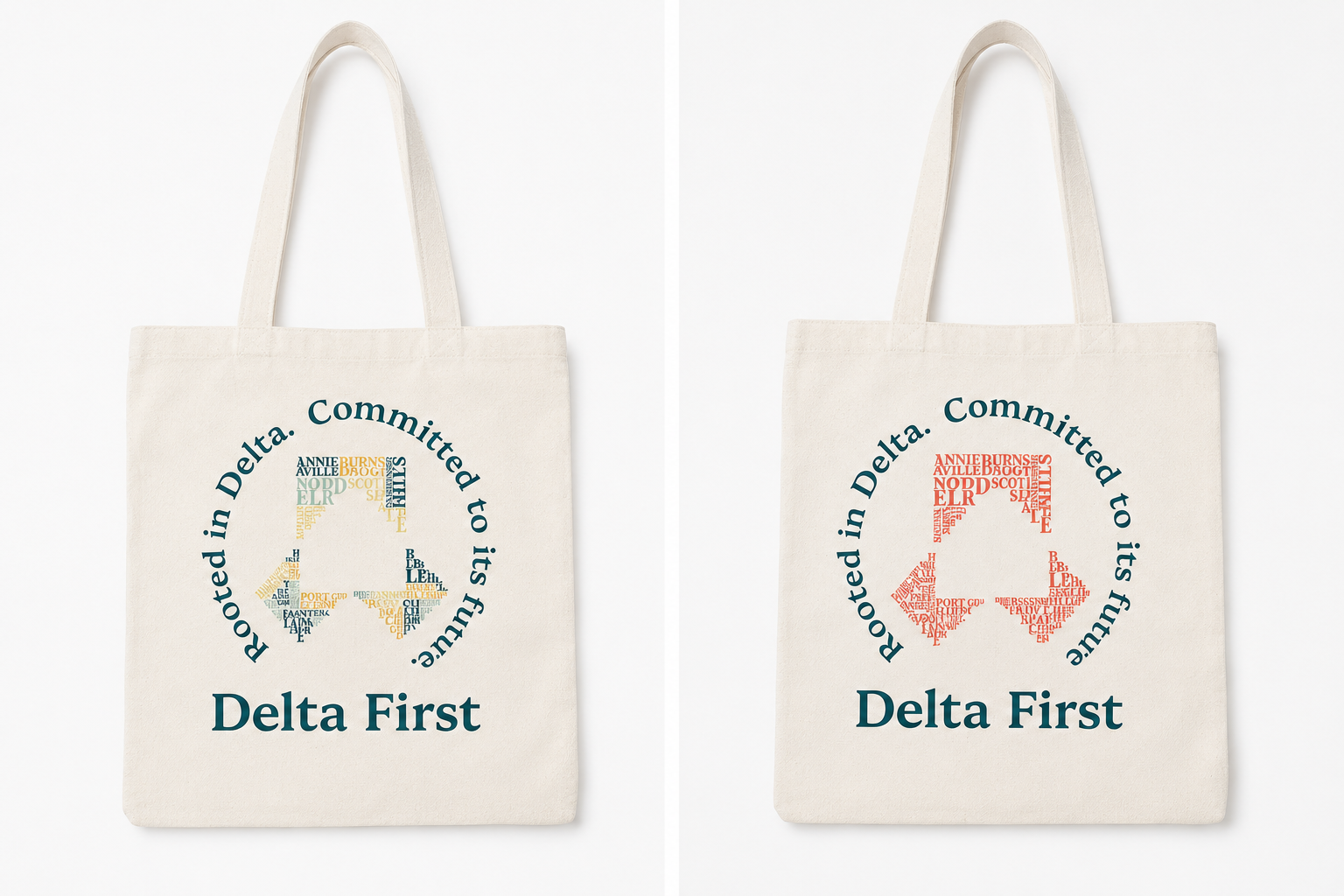 Two tote bags displaying the Delta Sigma Theta logo with a circle of text "Pi Delta in Delta. Committed to its future." and the phrase "Delta First" beneath it. The left bag features a multi-colored logo with blue, yellow, orange, and green text, while the right bag has a red text logo.
