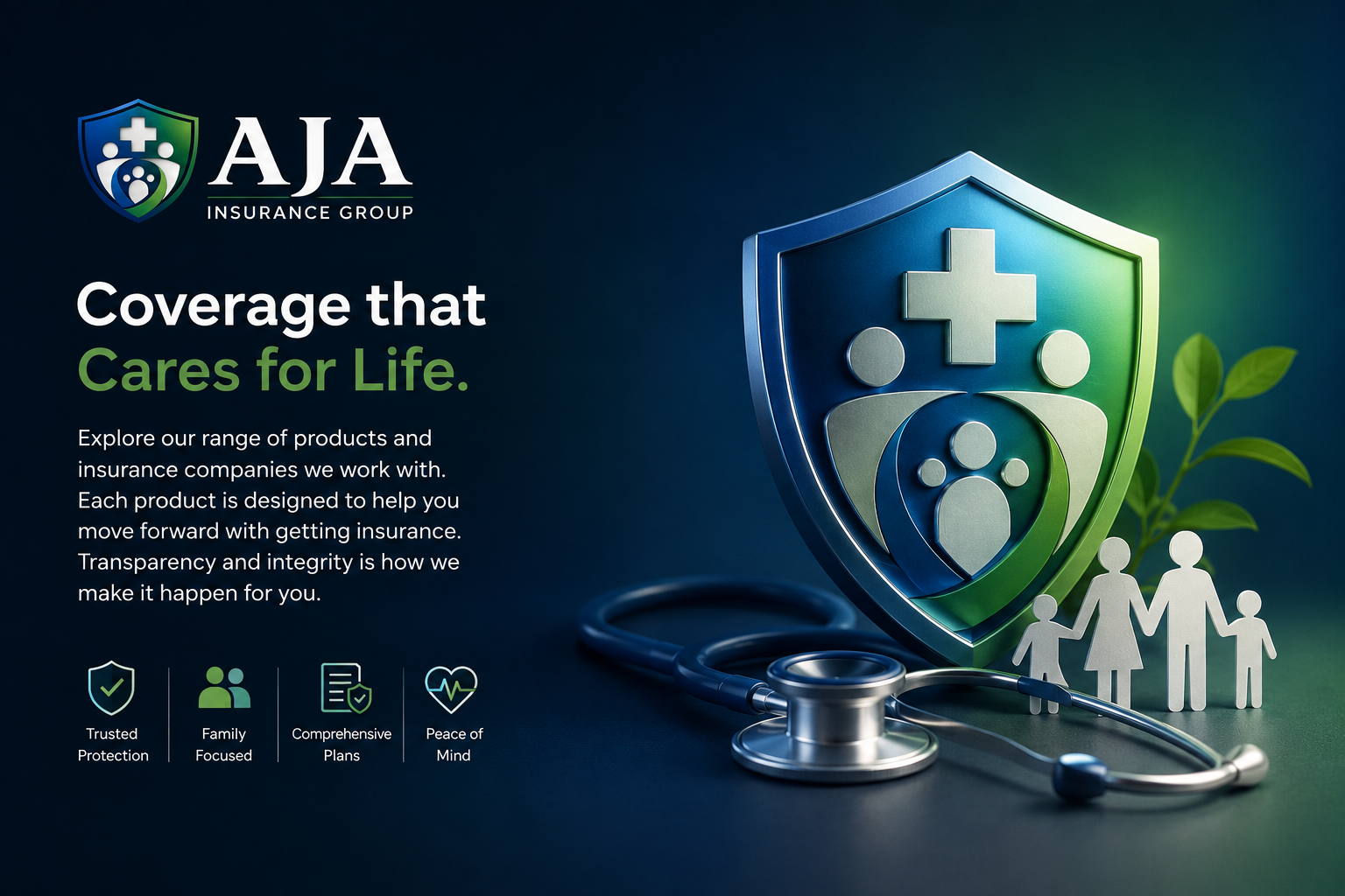 A promotional image for AJA Insurance Group featuring a shield with medical icons, a stethoscope, and paper cutouts of a family, emphasizing coverage and protection.