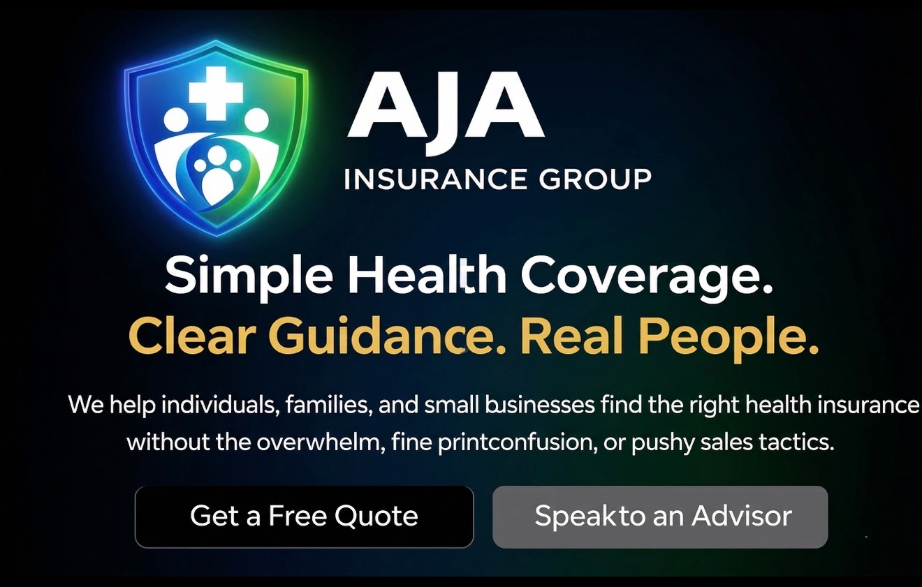 A promotional graphic for AJA Insurance Group featuring a shield logo with medical symbols, bold text about health coverage, and call-to-action buttons for quotes and consulting.