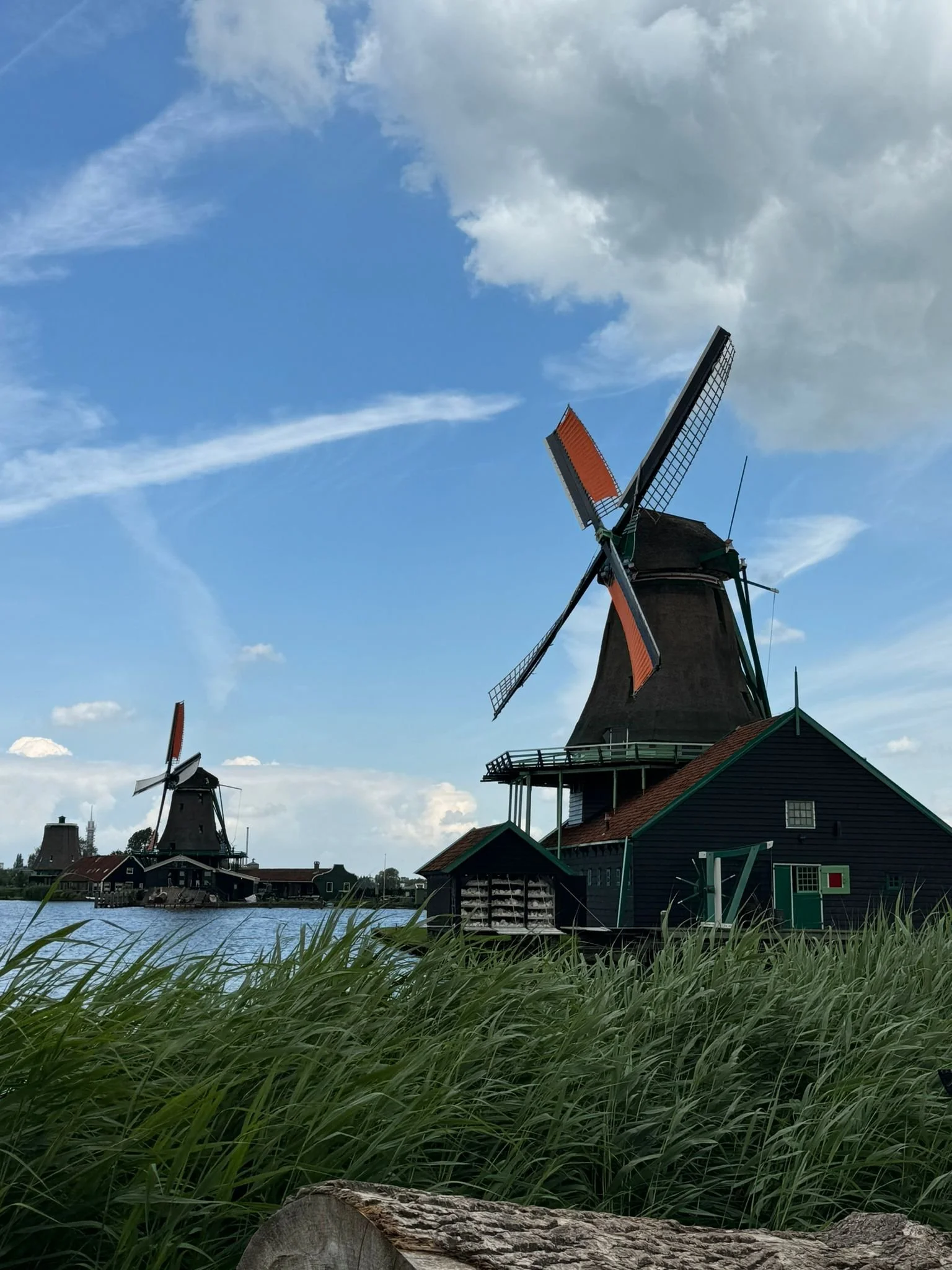 Two traditional Dutch windmills near a water body with tall grass in the foreground and a partly cloudy sky in the background.