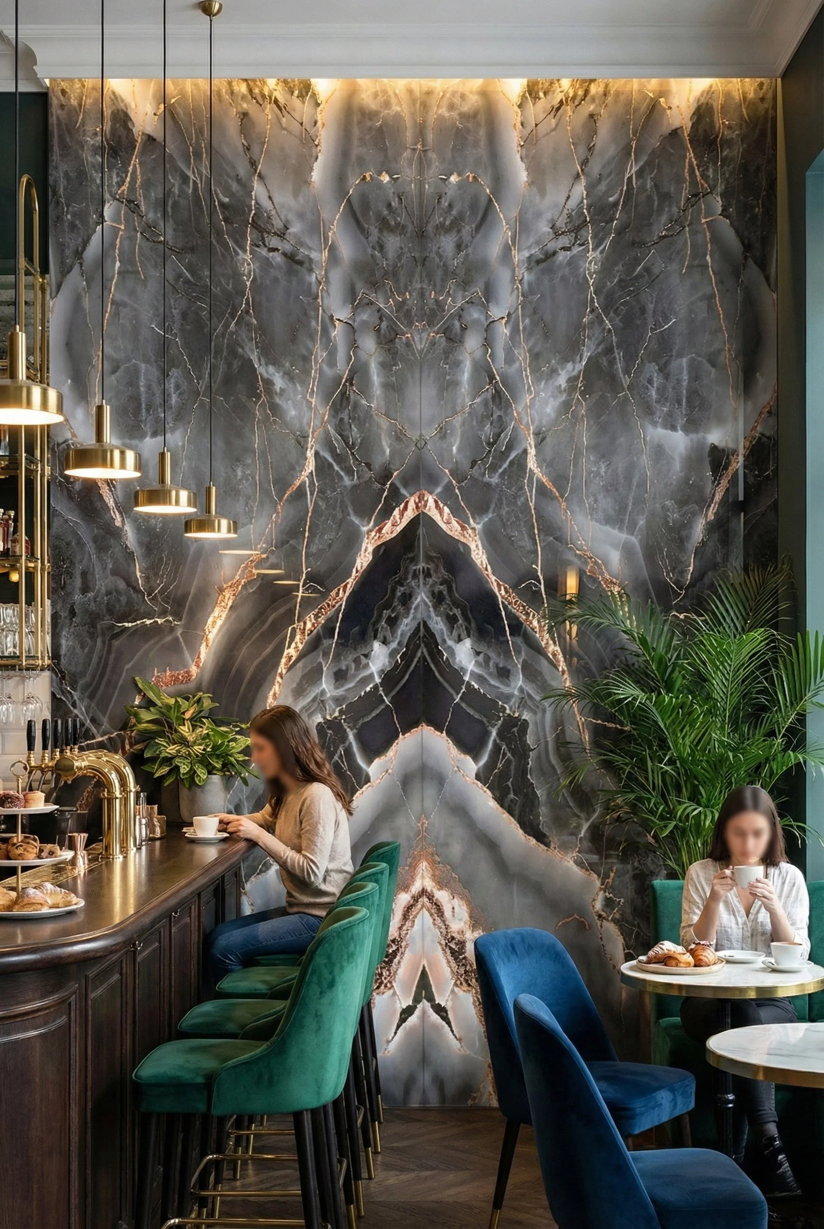 İki kadın bir kafe veya pastanede oturuyor, biri masasında kahve içerken diğeri bar tarzı oturma alanında kahve içiyor. Arka planda büyük, siyah ve altın desenli mermer görünümlü duvar var, sağda ve solda yeşil bitkiler ve altın detaylı aydınlatmalar bulunuyor.