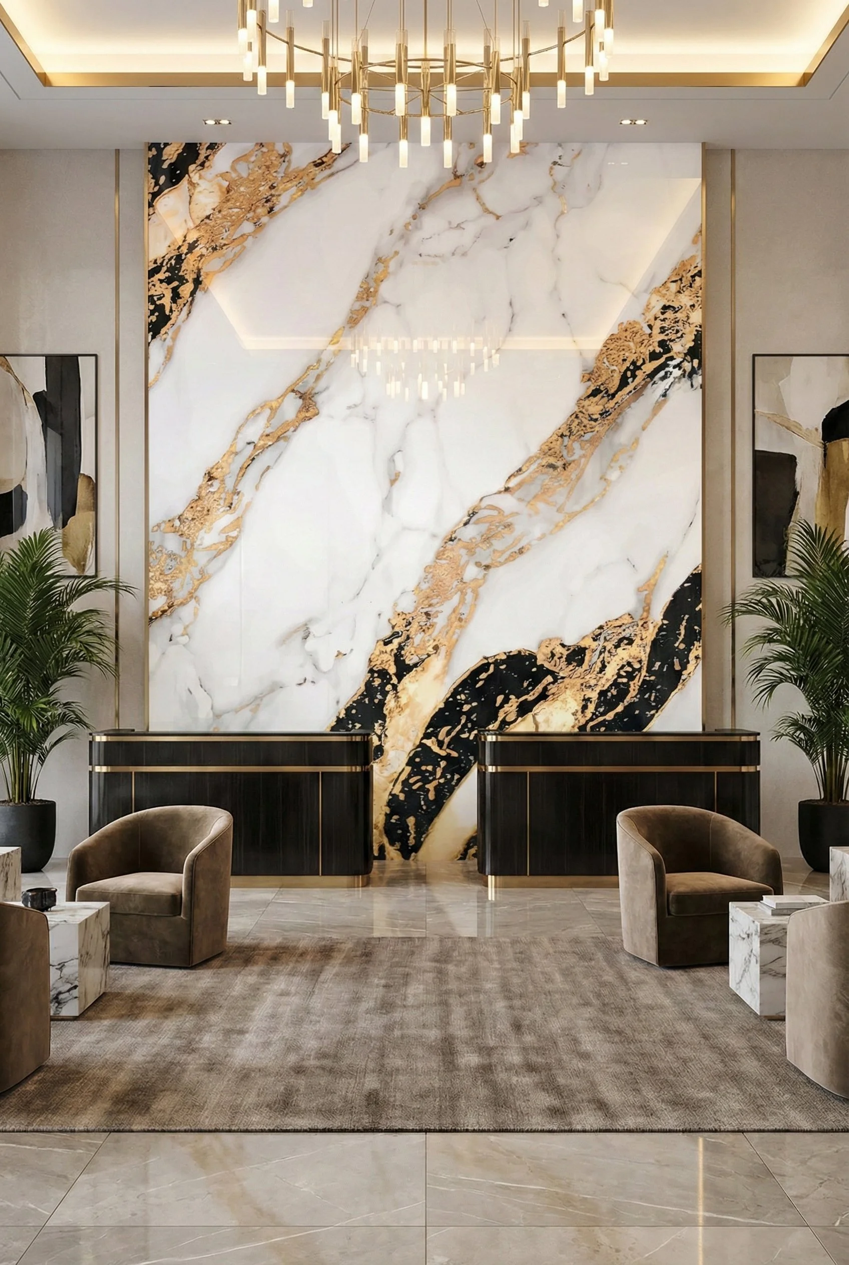 Lobi alanında büyük mermer duvar ve iki sandalye ile sehpa, arka planda büyük altın ve siyah ve beyaz marbled duvar, sağda ve solda bitki, lamba ve halı bulunuyor.