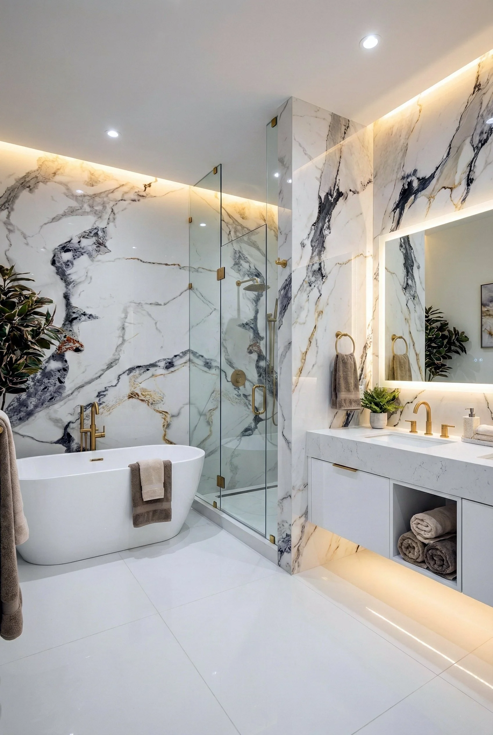 Beyaz mermer duvar ve zeminli modern banyo, seramik duş kabini, seramik jakuzili küvet, altın detaylı lavabo ve aynalı ayna ile dekore edilmiştir.