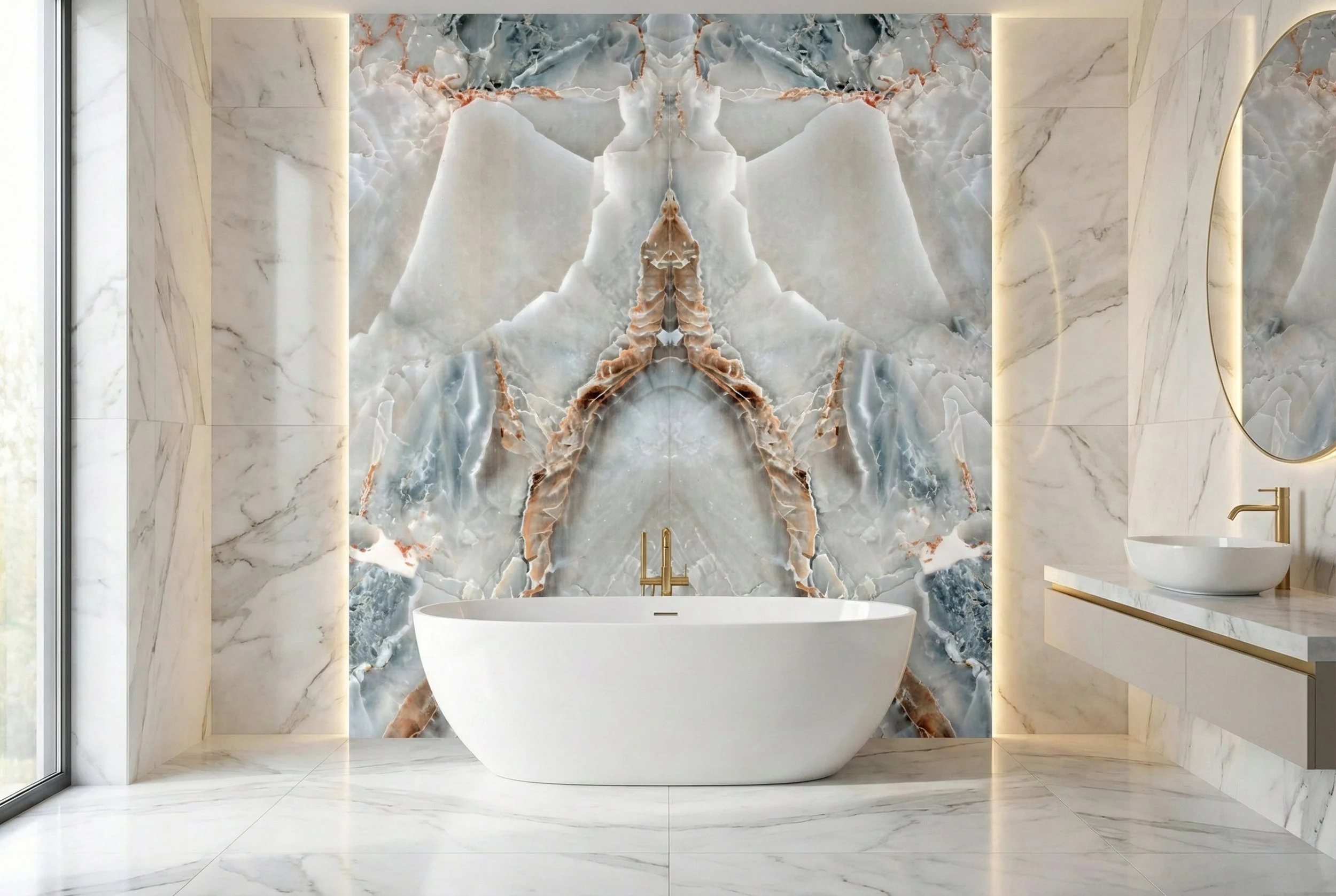 Lüks bir banyo, ortada beyaz seramik küvet ve arka planda mermer görünümlü mozaik duvar. Sol tarafında büyük bir cam kapıdan doğal ışık geliyor. Sağda lavabo ve aynalar yer alıyor, duvarlar ve zemin mermer kaplı.