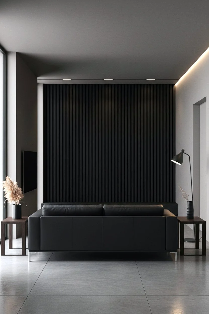 Modern ve minimalist bir oturma odası. Siyah kanepe, yanlarda küçük kahverengi sehpa ve üzerinde vazo ve bitki, sol tarafta büyük pencerelerden gelen doğal ışık, duvarda siyah ve beyaz renklerde detaylar.