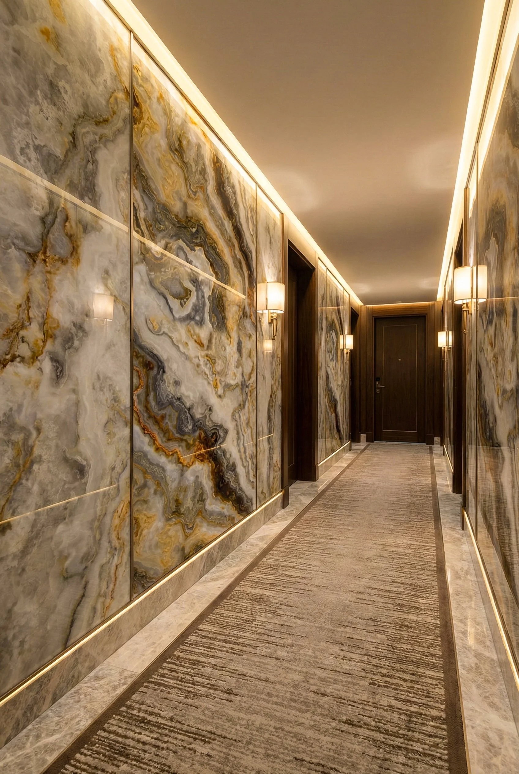 Lobi koridorda ciddi şekilde tasarlanmış duvarlar ve lamba aydınlatmaları ile dekore edilmiş kapıya kadar uzanan koridor.